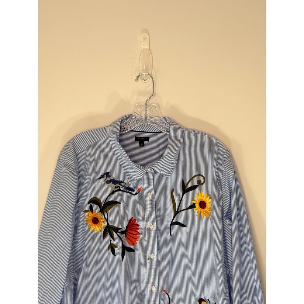 Talbots Woman Striped Button Down Blouse Shirt Floral Embroidered Blue White 3X - Picture 6 of 13